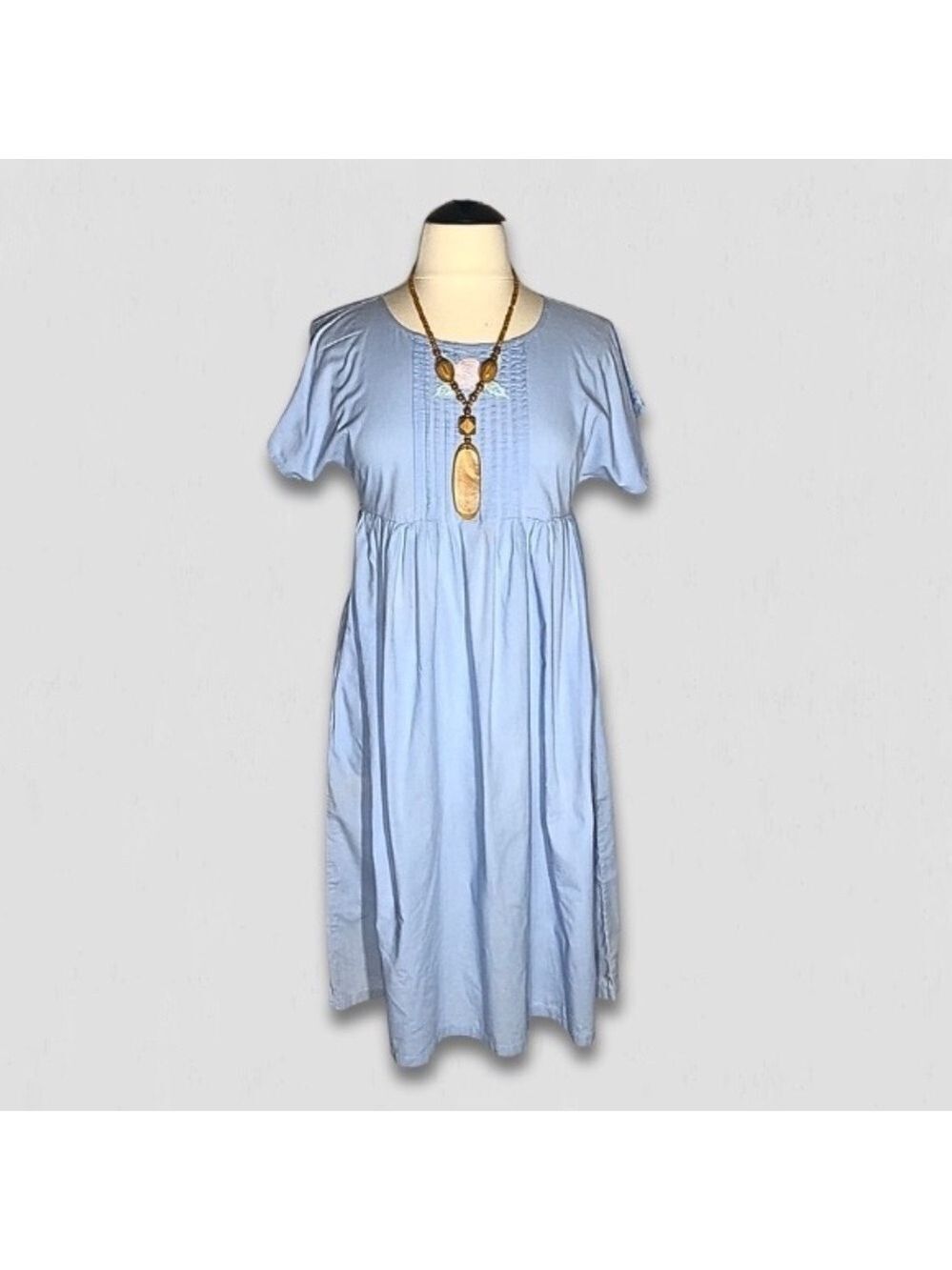 Vintage 90s Midi Dress Floral Embroidery blue Cotton milkmaid peasant Ren fair L